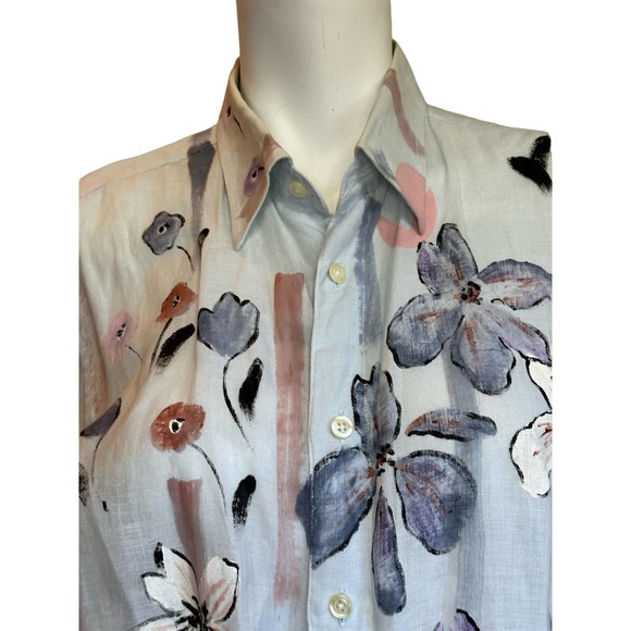 Alessandro Gherardeschi Blue Floral Linen Oversized Italian Designer Blouse XL - Picture 4 of 12
